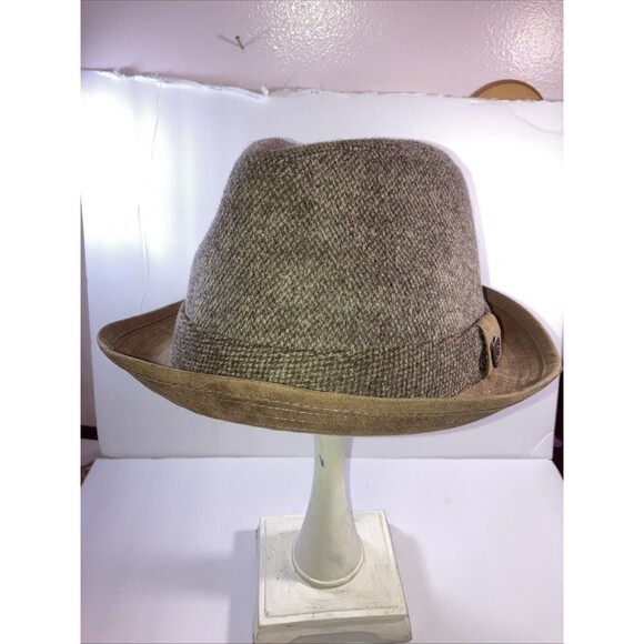 VTG Wool Tweed Herringbone Fedora Hat USA Made Wool English Brown X-Large - Picture 1 of 5
